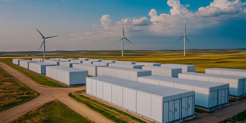 Aerial view of a wind farm with storage containers, set against a backdrop of green fields and a blue sky with scattered clouds.