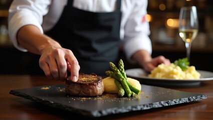Gourmet Beef Steak Dinner Preparation Close up of Chef Plating Exquisite Meal