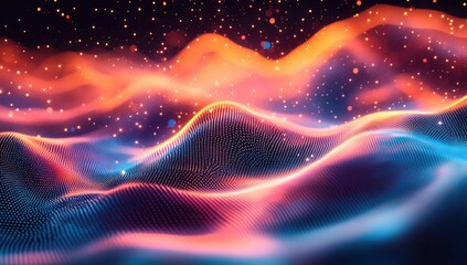 Obraz premium Abstract colorful waves with glowing particles creating a dynamic visual effect that evokes depth and movement in a mesmerizing digital landscape