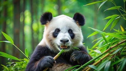Obraz premium Panda munching on fresh bamboo shoots in a lush green forest surroundings, forest, nature, forest, nature, wildlife