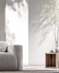 Modern living room design with cozy sofa and minimalist decor in bright sunlight