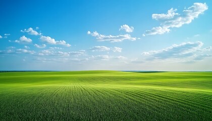 Obraz premium Aerial landscape of lush green fields under a clear blue sky with soft clouds showcasing ample space for text or design elements ,