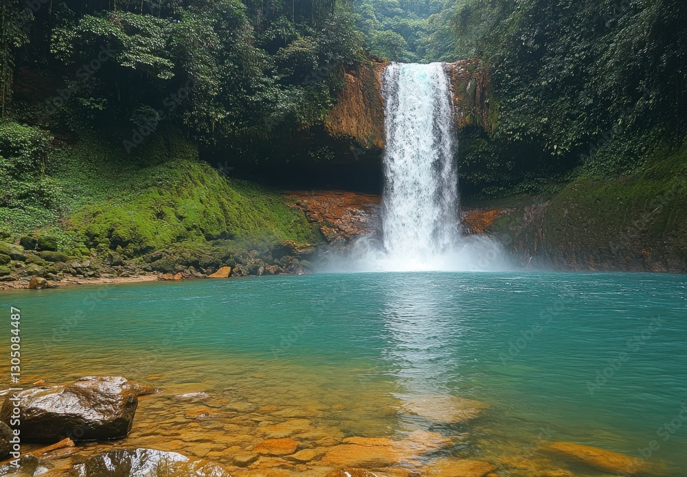 Poster serene waterfall cascading into tranquil pool surrounded by lush greenery and rocks in a peaceful na
