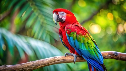 Obraz premium Vibrant green winged macaw with bright plumage sitting on a tree branch, winged, bird, winged, bird, canopy, tropical