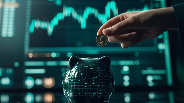 hand holding a coin above a piggy bank, with a blurred background of a financial chart on a computer screen. hand, holding coin, piggy bank, blurred background, financial chart, computer screen, 