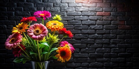Fototapeta premium Bold Floral Design Dark Brick Wall Background - Stock Photo