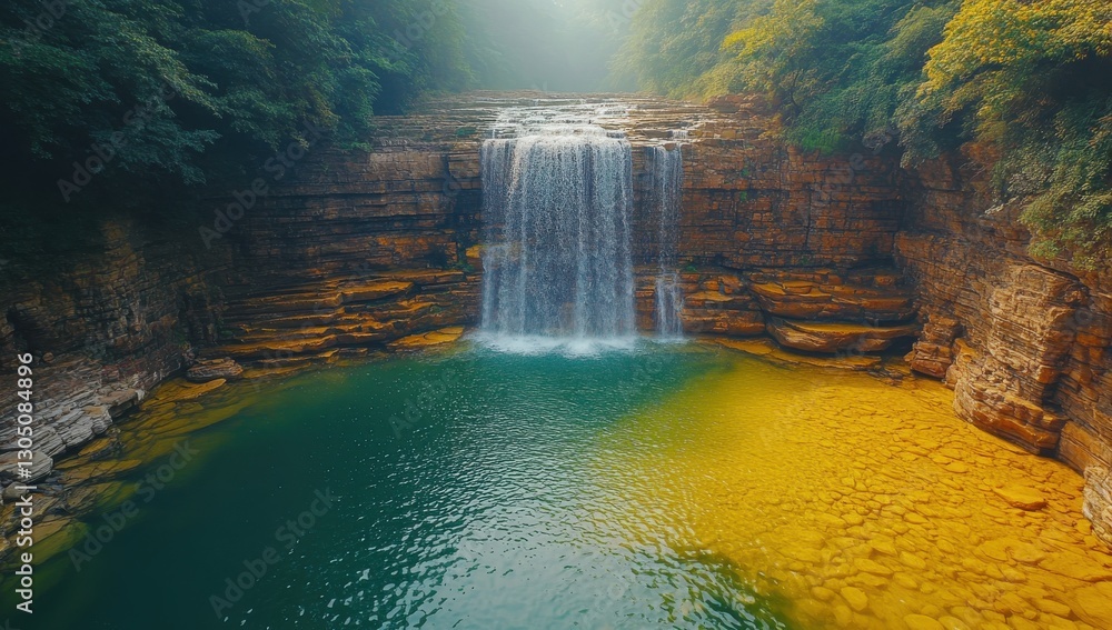 Poster serene waterfall cascading into tranquil pool surrounded by lush greenery and rocky cliffs in misty 