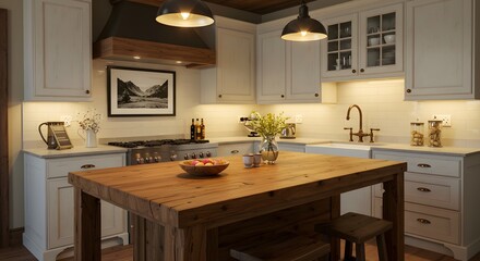 Fototapeta premium Cozy Modern Kitchen Interior with Rustic Wooden Dining Table and Elegant Lighting