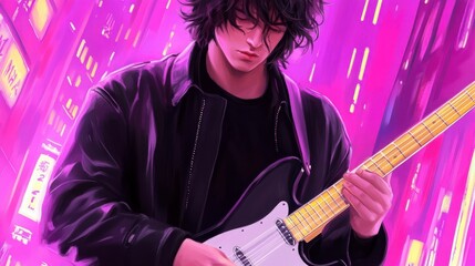 Obraz premium Young man with dark curly hair plays electric guitar in a vibrant purple and pink cityscape at night. Pixel art style.