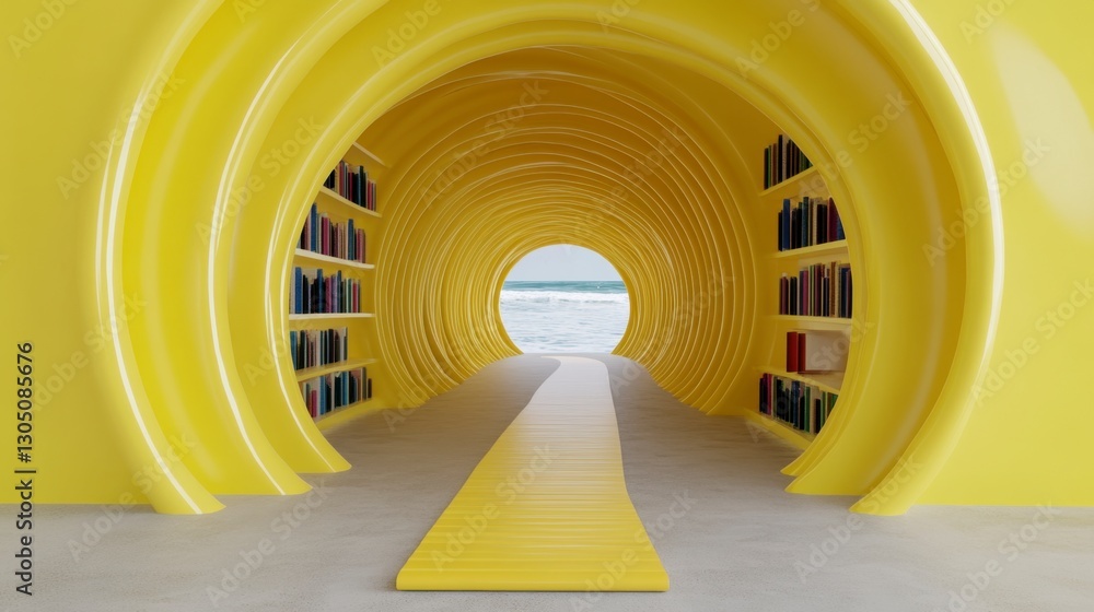 Poster abstract image of a yellow tunnel library leading to a seascape. the tunnel is lined with bookshelve