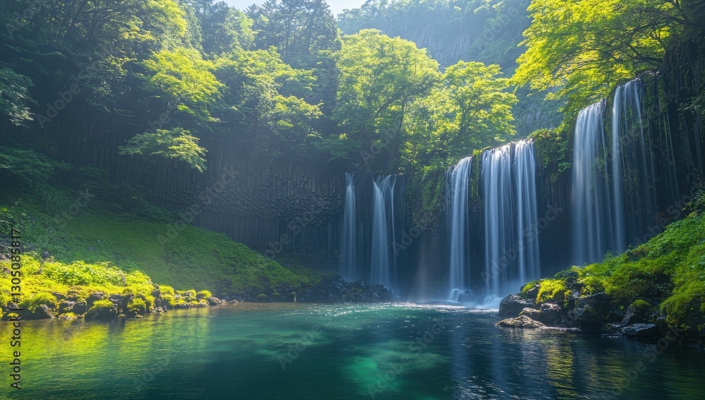 Aufkleber serene waterfall cascading into tranquil pool surrounded by lush greenery and towering trees in a vi