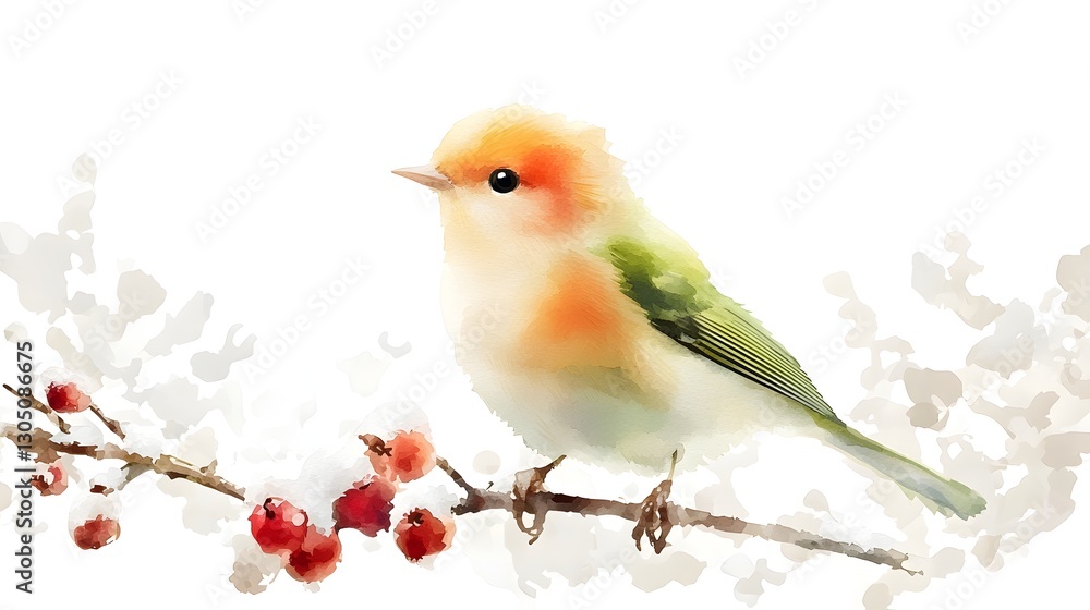 Poster whimsical watercolor painting of a tiny goldcrest bird perched on snowy twigs its golden plumage glo