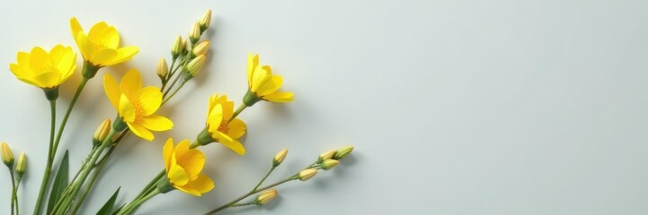Yellow linaria flowers on a light gray background with stems, stem details, floral composition, linaria flowers