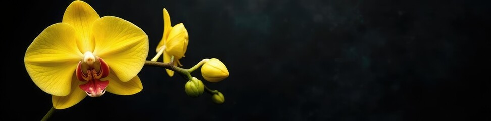 Yellow orchid on a minimalist black background with texture, black, white, flowers