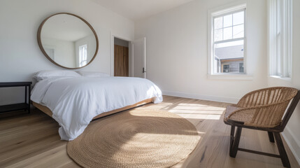 Bright modern bedroom with minimalist design and natural light in a cozy setting