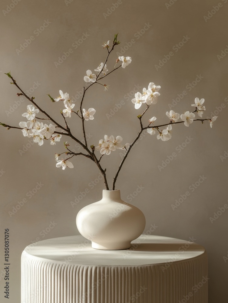 Poster serene blossom arrangement in cream vase on round table capturing the essence of spring in a minimal