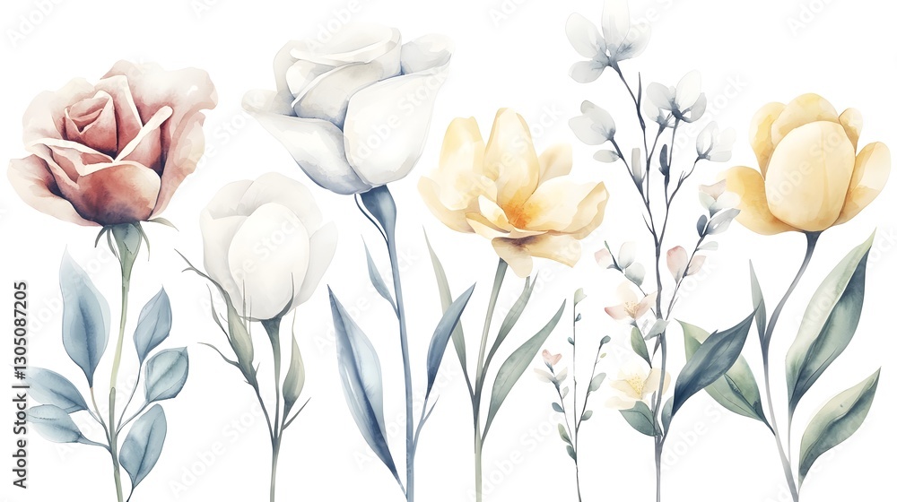 Poster Graceful watercolor floral bouquet featuring an array of delicate blossoms and abstract botanical elements painted in a free flowing style and harmoniously arranged against a white backdrop