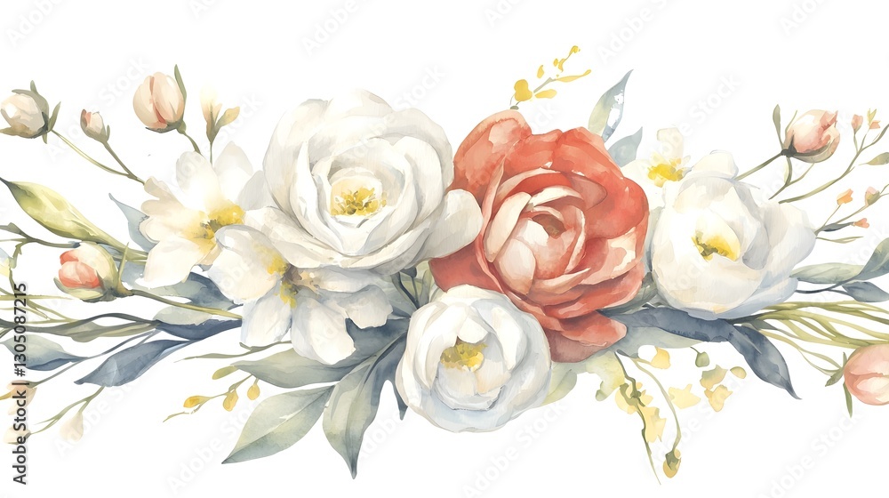 Aufkleber A graceful watercolor floral bouquet featuring an array of delicate blossoms and abstract botanical elements painted in a free flowing style and harmoniously arranged against a clean white backdrop