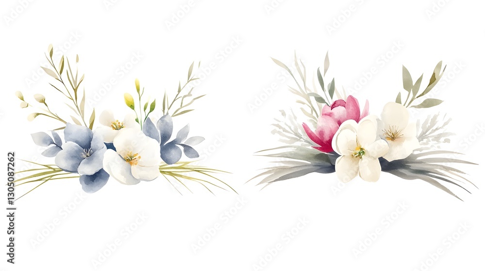 Poster Graceful watercolor floral arrangement featuring an array of delicate blooms and abstract botanical elements harmoniously composed against a pristine white backdrop in a free flowing style