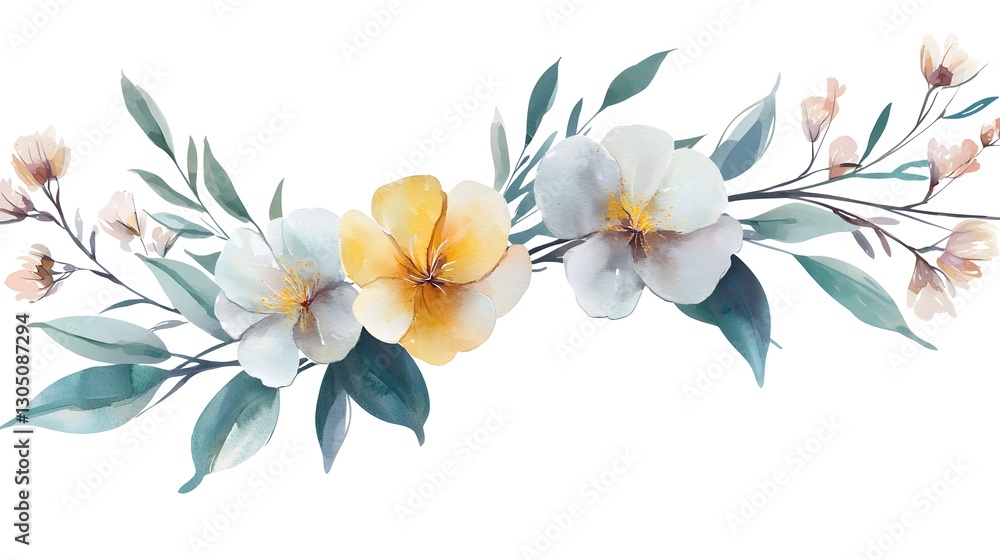 Poster Delicate and graceful watercolor painting of a floral bouquet with an array of delicate blossoms and abstract botanical elements harmoniously arranged against a white backdrop in a free flowing style
