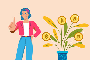 Businesswoman showing stop sign to growing bitcoin plant
