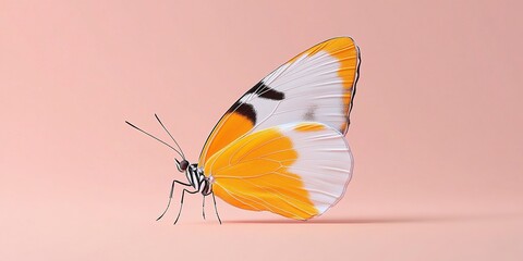 Obraz premium Delicate Flutter: a macro shot of a stunning butterfly with vibrant orange and white wings rests on a soft pink background.