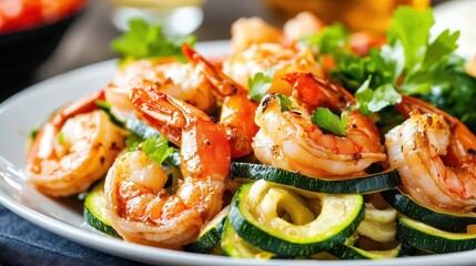 A vibrant dish featuring shrimp atop spiralized zucchini, garnished with fresh herbs, showcasing a healthy, colorful meal option.