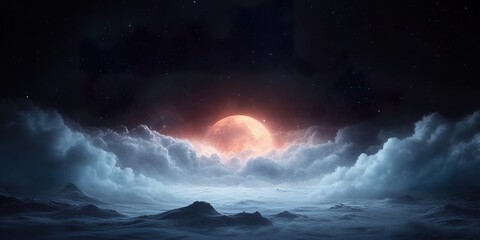 Fototapeta premium Celestial Dawn: A breathtaking artistic depiction of a celestial dawn, where a radiant moon emerges from a sea of ethereal clouds under a starry night sky. 
