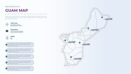 Total Area, Papulation, States & More Detailed Infographic Map of Guam. Guam country map infographic colored vector template with regions and pointer marks.