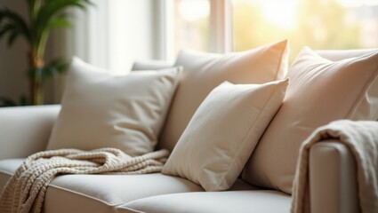 Cozy Beige Sofa with Soft Pillows and Knitted Throw Blanket in Sunny Room