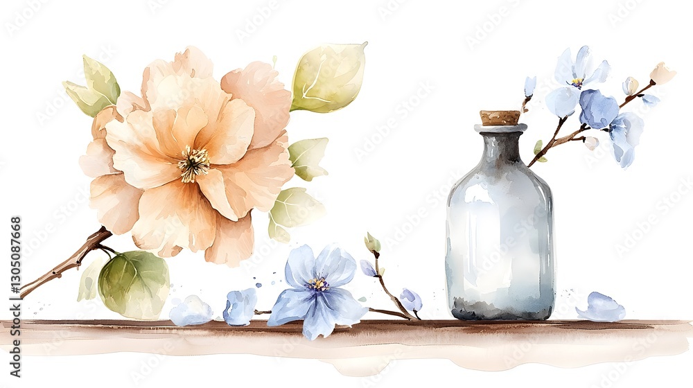Poster a captivating watercolor botanical artwork showcasing a collection of soft delicate floral patterns 