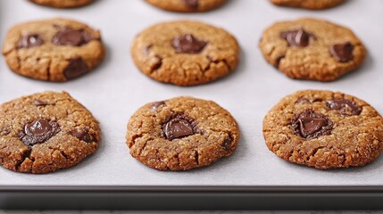Freshly baked chocolate chip cookies arranged neatly on a baking tray, showcasing a golden-brown color and glossy chocolate chunks.