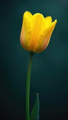 Yellow tulip bud in full bloom against a dark, moody sky, blossom, atmosphere