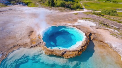 Drone footage of Iceland's famous Geysir geothermal area captures erupting geysers and surreal landscapes.