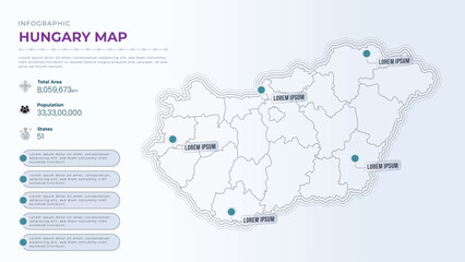 Total Area, Papulation, States & More Detailed Infographic Map of Hungary. Hungary country map infographic colored vector template with regions and pointer marks.