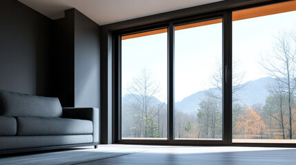Modern living room with large windows showcasing a mountain view in daylight