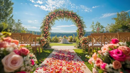 Romantic outdoor wedding ceremony setup with floral archway and petal strewn aisle under a bright blue sky creating a serene and joyful atmosphere