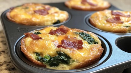 Savory egg muffins with spinach and bacon, baked in a muffin tin, perfect for a quick breakfast or snack option.