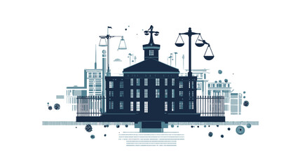 Obraz premium A stylized vector illustration depicting a cityscape with a prominent courthouse silhouette in the center. The courthouse is dark blue, detailed with a steeple and rectangular windows.