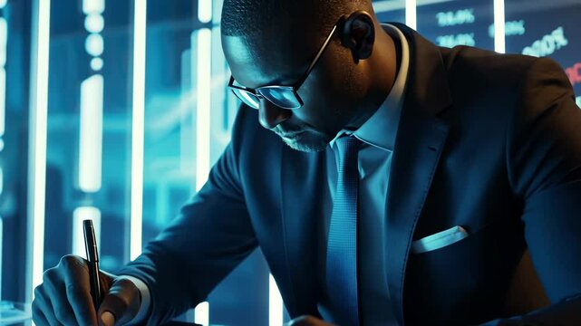 A Professional Male in a Suit Writing Thoughtfully Under Bright Neon Lights in a Modern Workspace