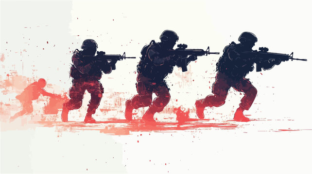 The image depicts three silhouetted figures of soldiers in dynamic action poses, holding rifles.  They are rendered in dark blue/black silhouettes against a background suggesting a dusty or