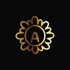 Golden letter A monogram in floral badge style in black background luxury emblem design