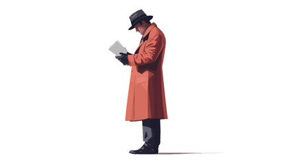 Digital illustration or painting of a man in profile view. He is wearing a long red coat, a dark hat, and dark gloves. He appears to be reading a newspaper or document. The style is