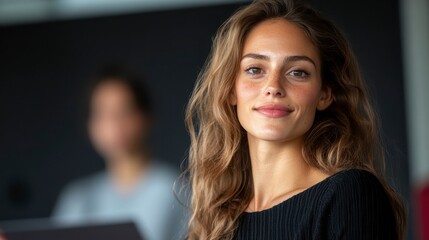 Business presentation, woman engaging audience, boardroom setting, professional attire, confident demeanor, collaborative atmosphere, dynamic interaction