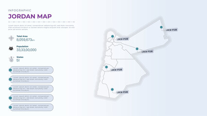 Total Area, Papulation, States & More Detailed Infographic Map of Jordan. Jordan country map infographic colored vector template with regions and pointer marks.