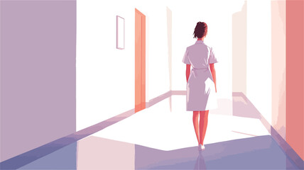 The image is a stylized illustration depicting a woman in a white dress or uniform walking away from the viewer down a long, bright corridor. The style is minimalist, with muted pastel