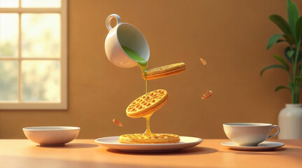 Whimsical breakfast scene with floating waffles and syrup pouring from a levitating cup in a warm, cozy setting. Concept of magical food, fantasy, and playful morning delight.