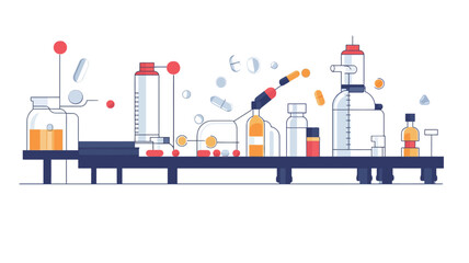 A stylized vector illustration depicting a pharmaceutical production line. The image uses a flat design style with bold outlines and minimal shading.  The illustration shows a conveyor belt