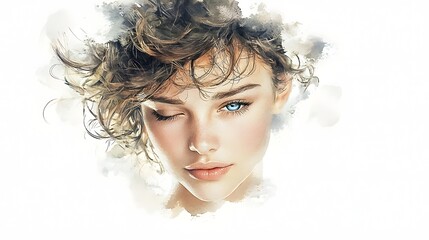 Captivating Watercolor Portrait of a Curly Haired Young Woman with Striking Blue Eyes   Her Gentle Yet Captivating Gaze Accentuated by Delicate Brushstrokes and Vivid Hues Against a Crisp White