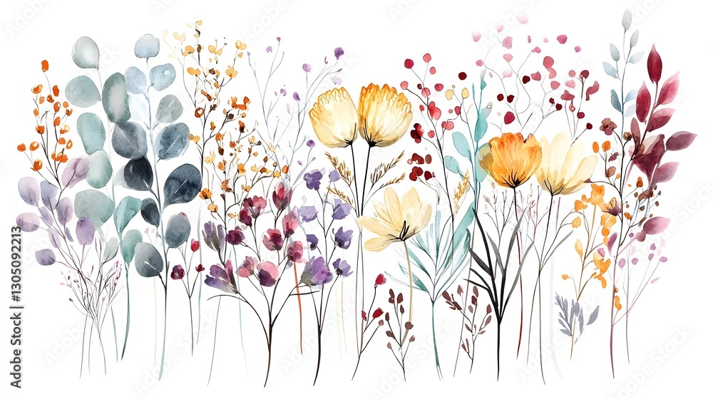 Poster a sophisticated and collection of watercolor flowers rendered in soft and vibrant tones with a mix o